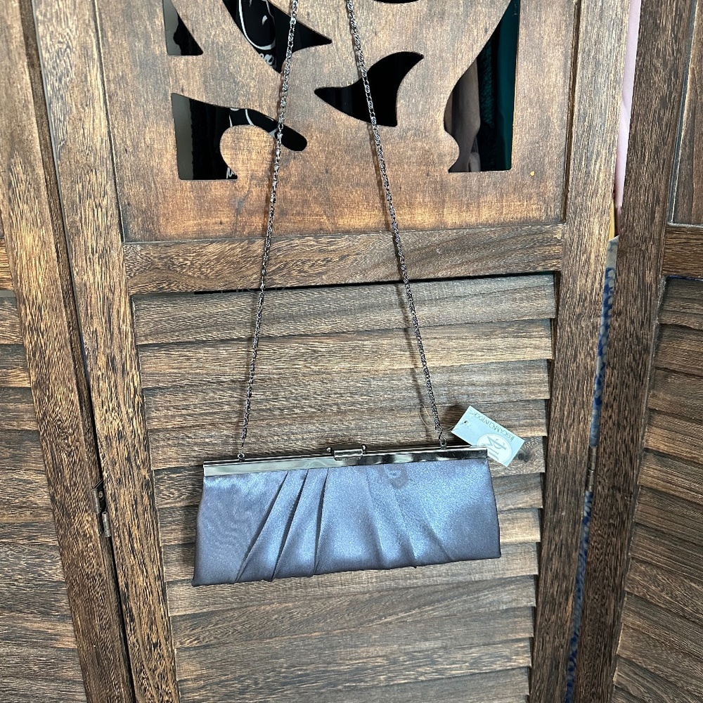 Jessica McClintock Evening Bag Pewter Convertible Clutch Faux Leather NWT